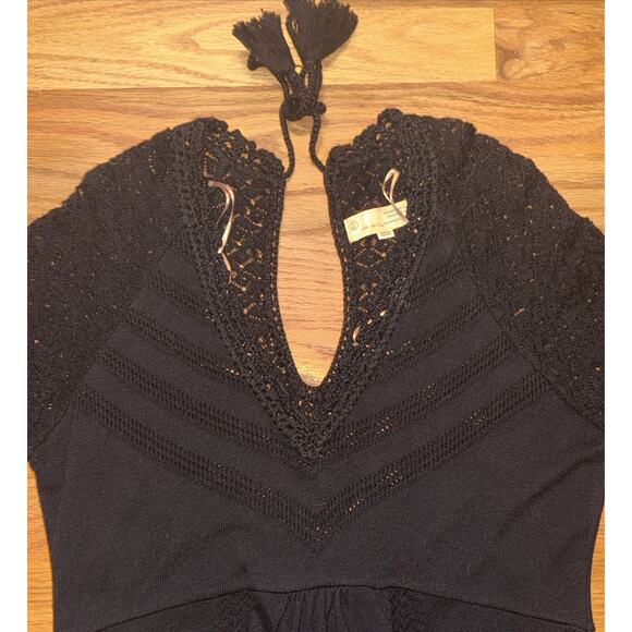 Odd Molly Anthropologie Black Knit Dress Long Sleeve Size 2 Crochet Detail BOHO - Picture 4 of 9